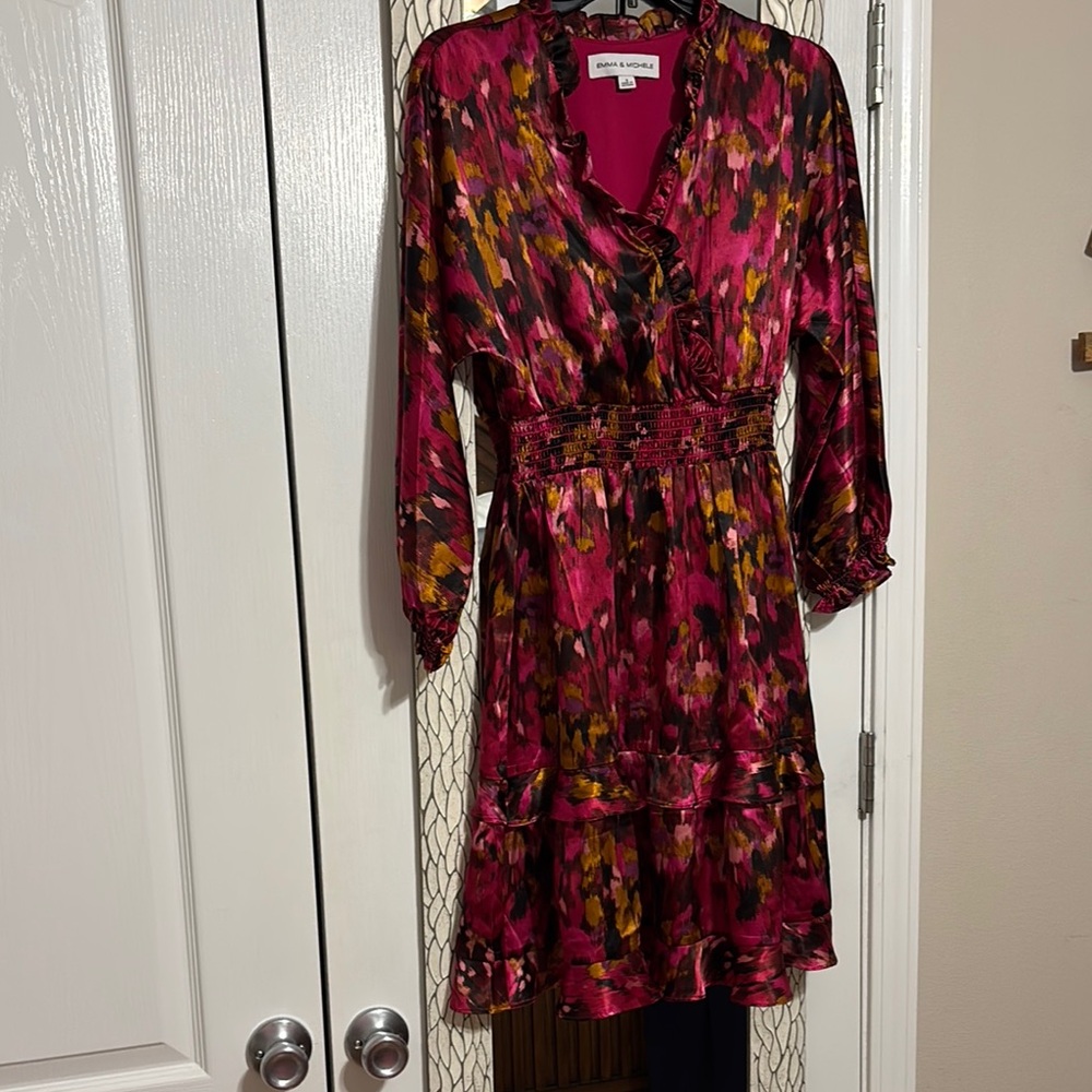 Emma & Michele Pink and Orange Wrap Sundress with Bishop Sleeves